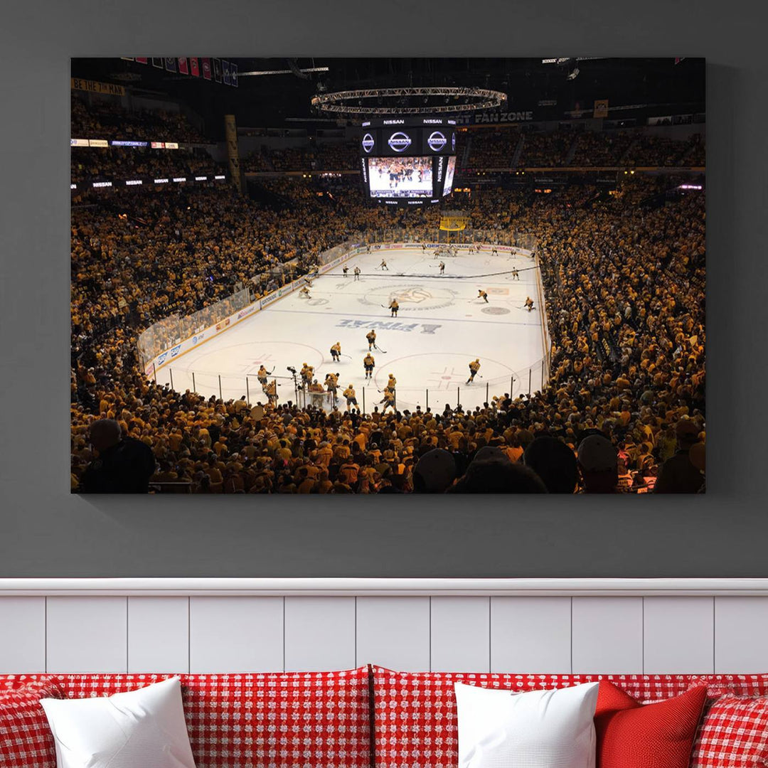 A captivating triptych canvas print, titled "Bridgestone Arena - Nashville Predators Hockey Team Print," adorns the wall. This Nashville wall art canvas print is perfect for Predators fans who appreciate sports-themed decor.