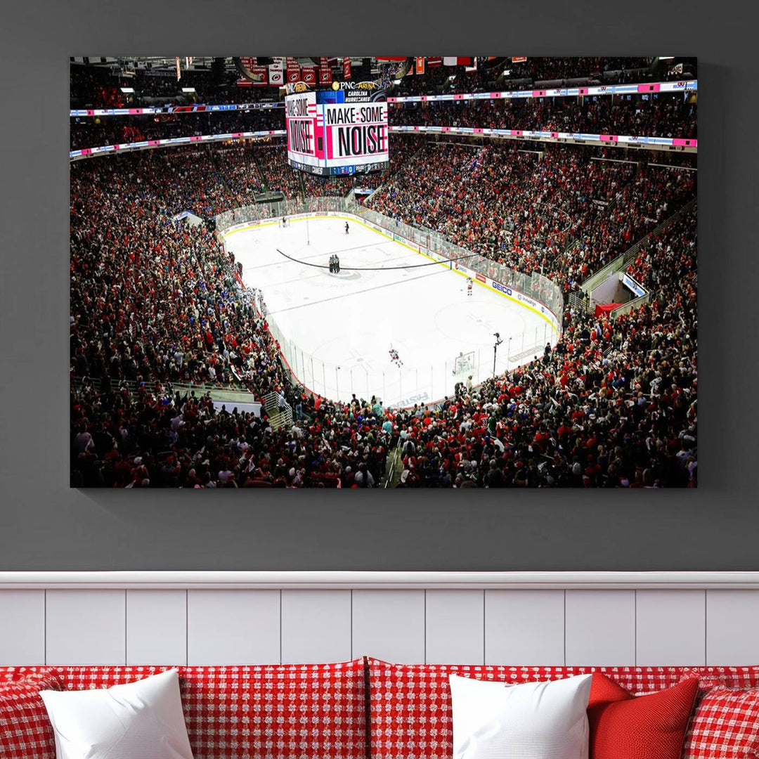 The living room features the PNC Arena Raleigh North Carolina Hurricanes Hockey Stadium Wall Art Canvas Print, which depicts a crowded ice hockey stadium with enthusiastic fans and an ongoing game, all rendered in high-resolution on museum-quality canvas.