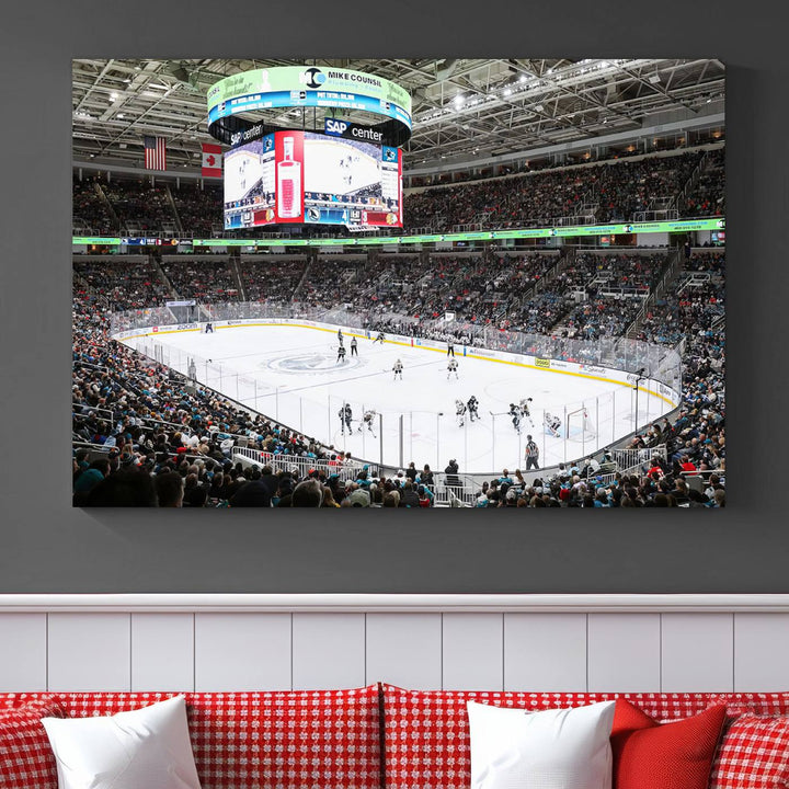 A packed ice hockey arena buzzes with energy as players glide on the ice and a large screen displays scores. The indoor decor features Sharks Arena Blackhawks Sharks Ice Hockey Stadium Wall Art Canvas Prints, creating an unexpected yet charming sporting atmosphere reminiscent of a gallery.