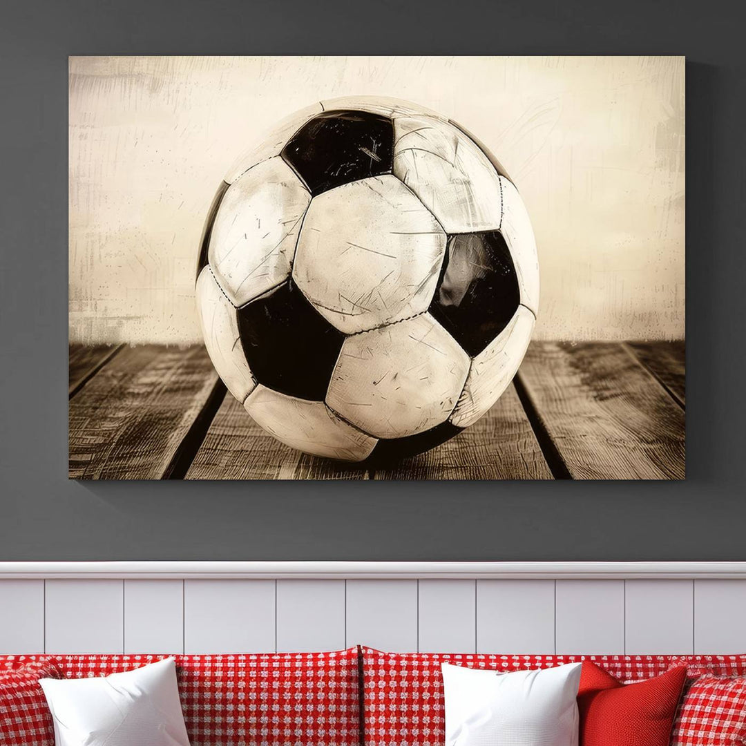 Vintage Soccer Ball Triptych Canvas Art – 3-Panel Soccer Wall Decor, Framed and Ready to Hang Sports Art for Home, Office, or Gym