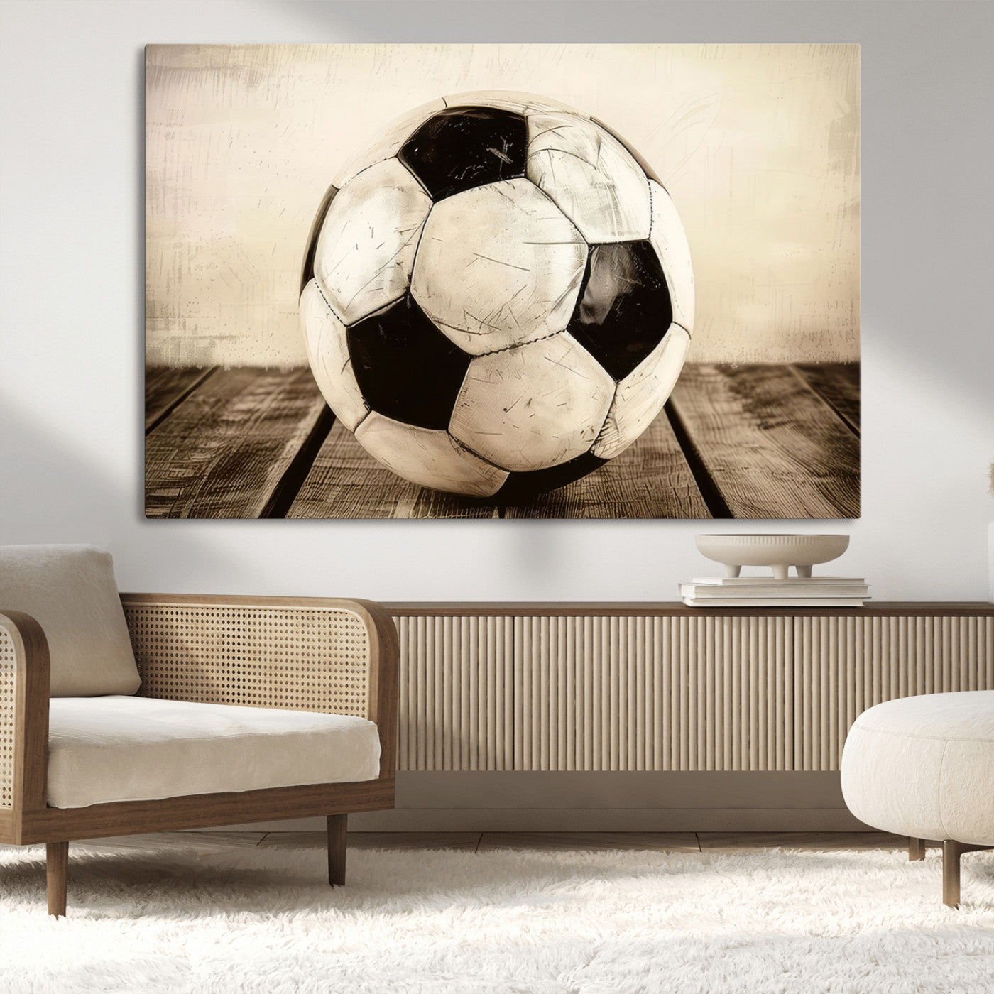 MGV-CV-36X24 - Vintage Soccer Ball Wall Decor Canvas Art – 3-Panel Soccer Wall Decor, Framed and Ready to Hang