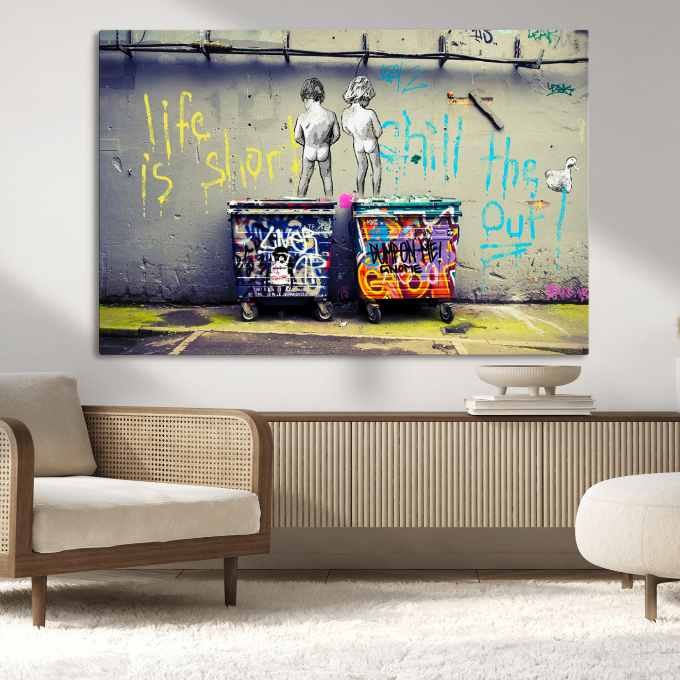 MGV-CV-36X24 - Banksy Life is Short Wall Art - Iconic Graffiti Art on Framed Ready-to-Hang Canvas - Street Art