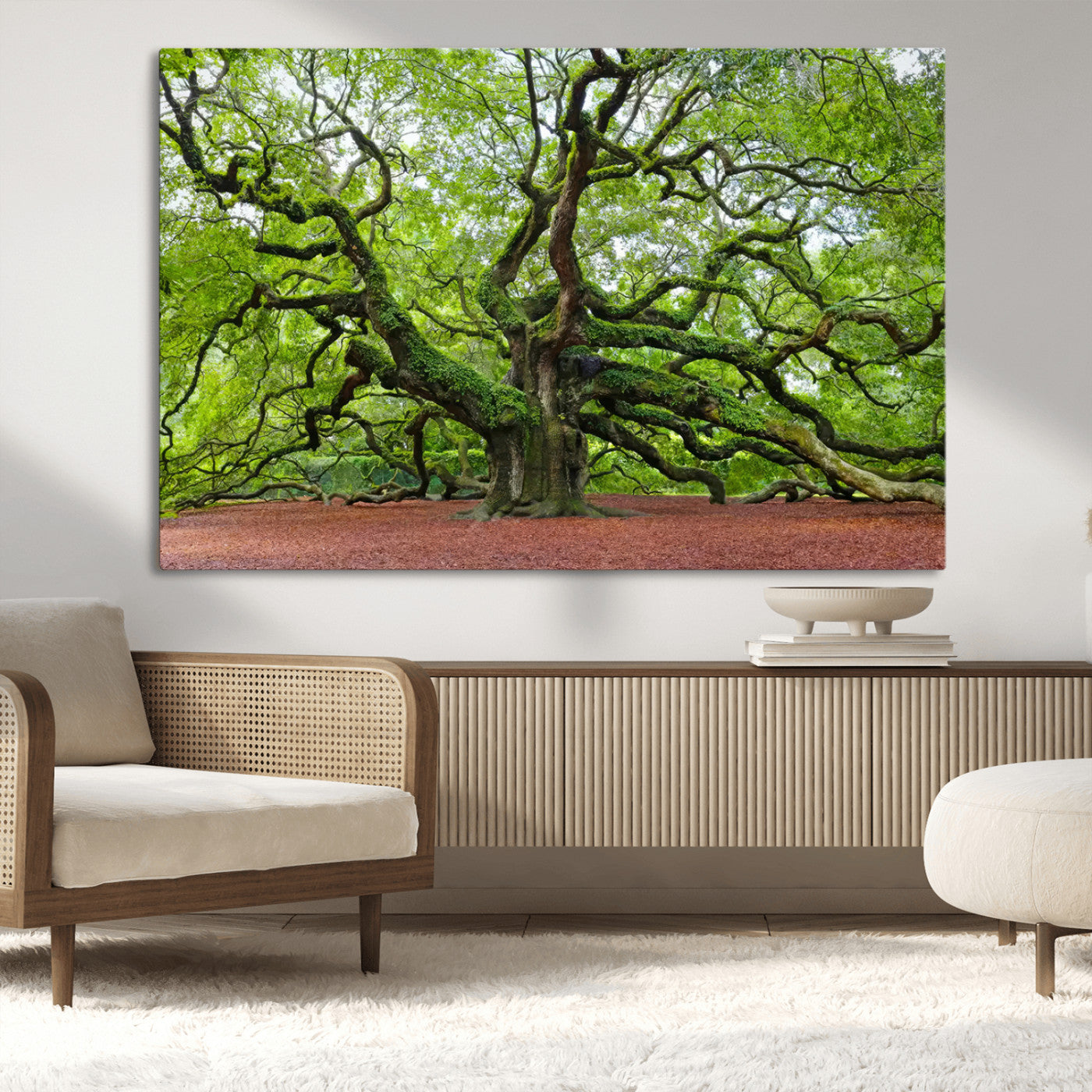 MGV-CV-36X24 - Framed Angel Oak Tree Wall Art - 3-Panel Canvas Prints, Large Green Nature Artwork, Ready to Hang