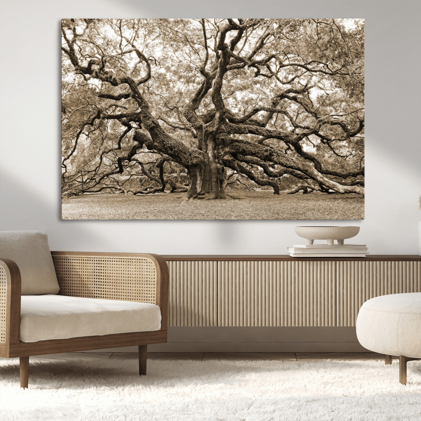 51126-MGV-CV-36X24-Sepia Framed Angel Oak Tree Wall Art - 3-Panel Canvas Prints, Large Green Nature Artwork, Ready to