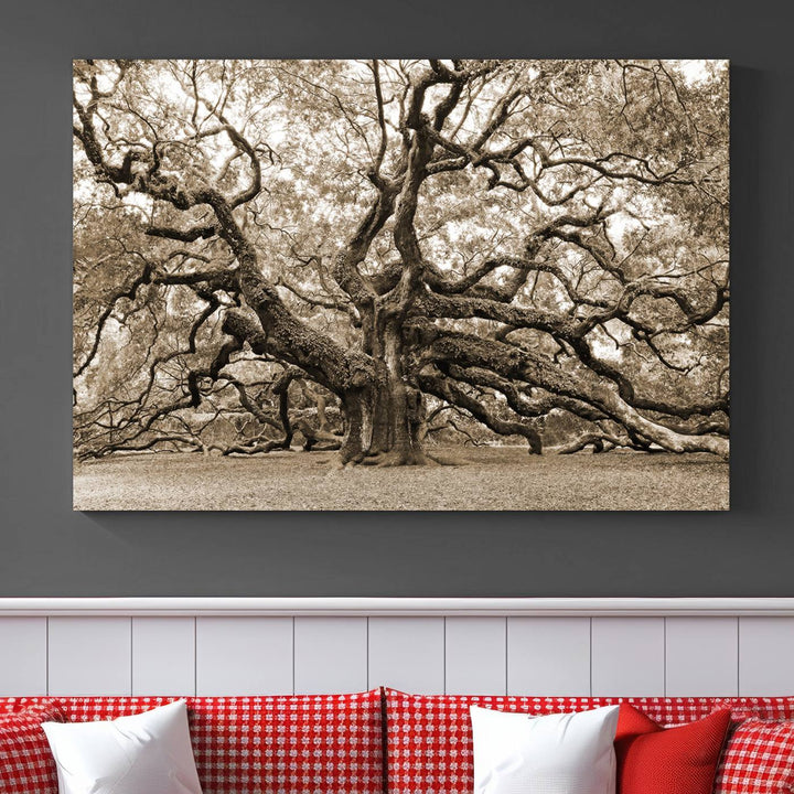 Displayed on the wall is a Sepia-framed Angel Oak Tree 3-panel canvas.