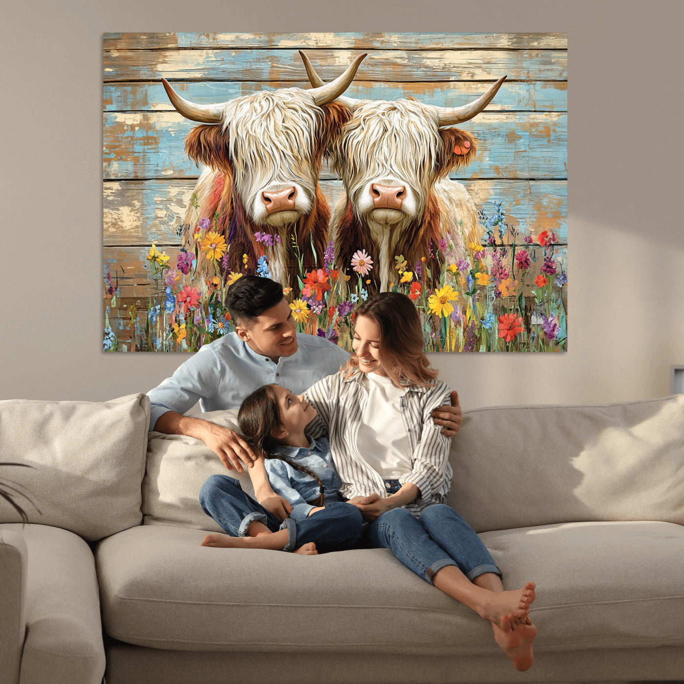 36972-MGV-CV-36X24-Cute Highland Cow Canvas Wall Art - Rustic Farmhouse Decor with Colorful Flowers Perfect Wall Art for Home