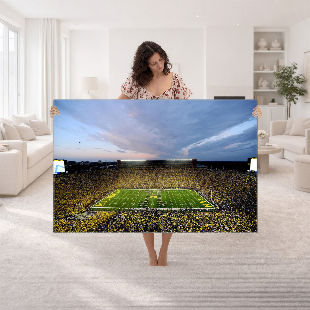 82641-MGV-CV-36X24 - Michigan Stadium Wall Art Canvas Print – Framed Football Field Scene with Marching Band Artwork for Home, Office