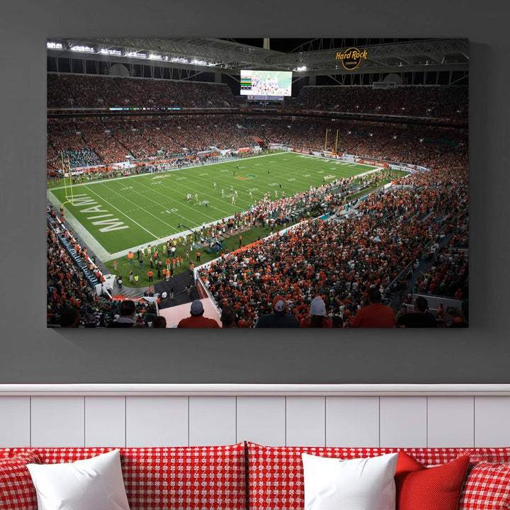 Aerial view of a Miami Hurricanes game at Hard Rock Stadium captured on canvas print, showcasing the teams on the field and fans in the stands.