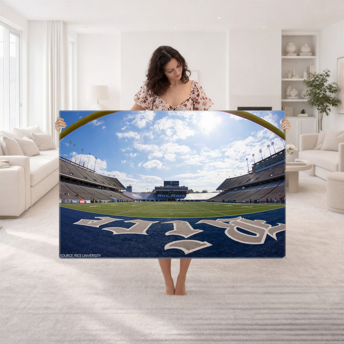 50267-MGV-CV-36X24 - Rice University Owls Football Team Print, Houston Rice Stadium, Framed and Ready to Hang