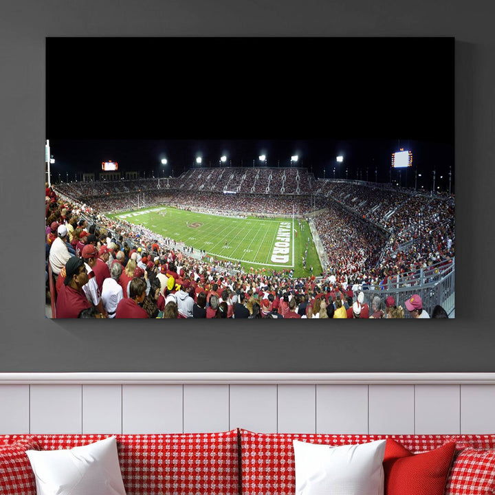 This Stanford University Cardinal Football Team canvas print, depicting fans in red filling Stanford Stadium at night, is perfect.