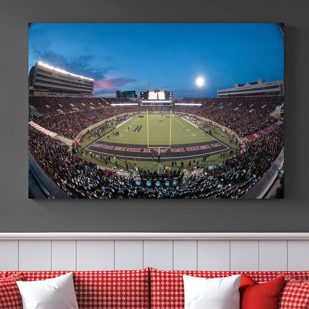 The wall art in the living room features a Texas Tech Red Raiders Football Team Print, showcasing Jones AT&T Stadium at dusk.