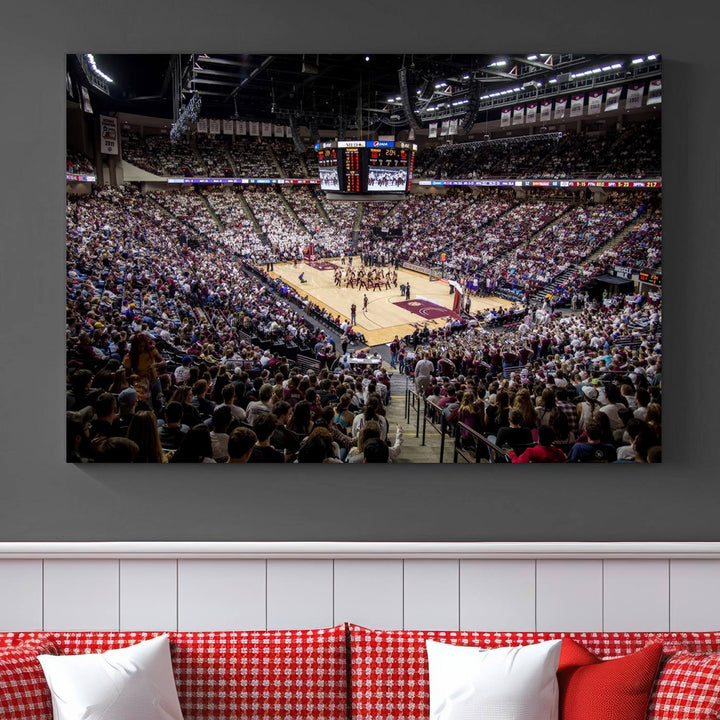 The Nebraska Basketball Arena Wall Art Canvas features an arena filled with Cornhuskers fans and players beneath a scoreboard.