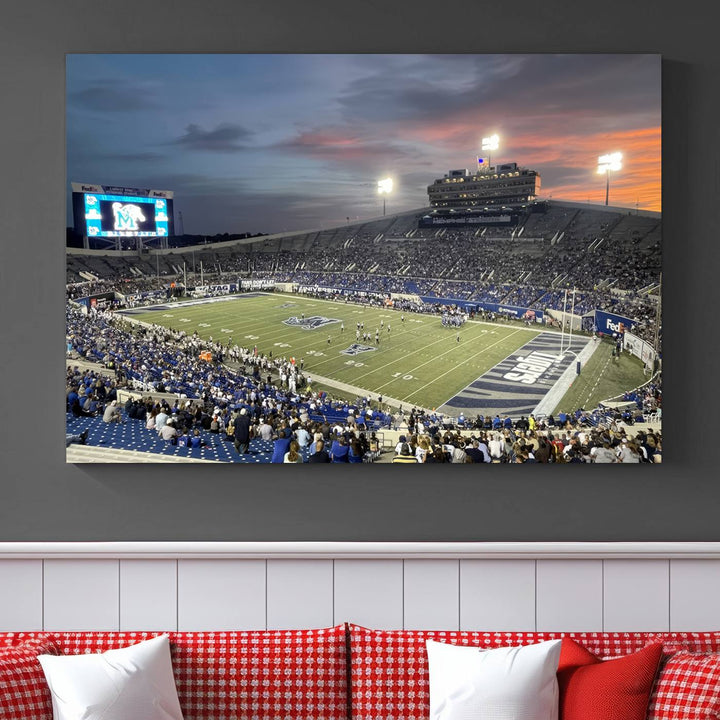 A Memphis Tigers football canvas print of Simmons Bank Liberty Stadium at sunset enhances the living room.