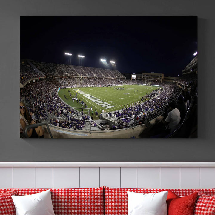 The wall art print features a night view of Amon G. Carter Stadium filled with TCU fans, showcased in the Horned Frogs Football Canvas Wall Art.