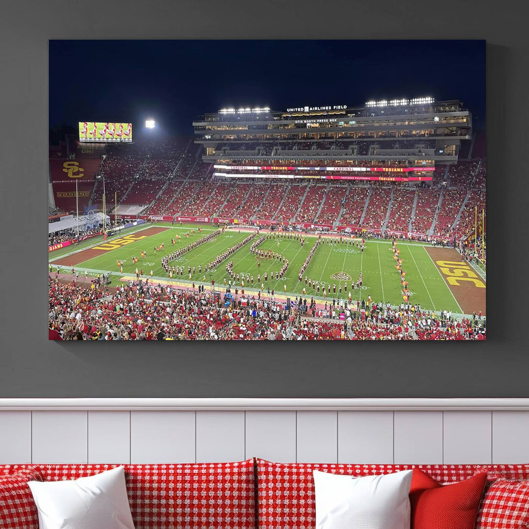 Canvas print depicting a packed stadium at night with a marching band forming USC, celebrating the Trojans at Los Angeles Memorial Coliseum.