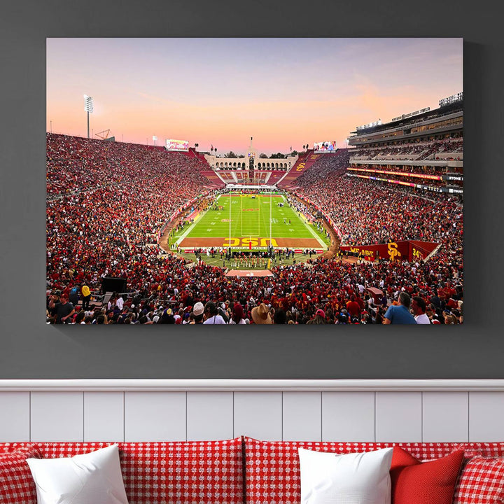 A USC Trojans wall art canvas print highlights the scene, depicting the Coliseum Stadium at sunset.