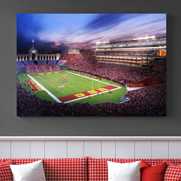 A vibrant painting of fans cheering for The University of Southern California USC Trojans under bright stadium lights.