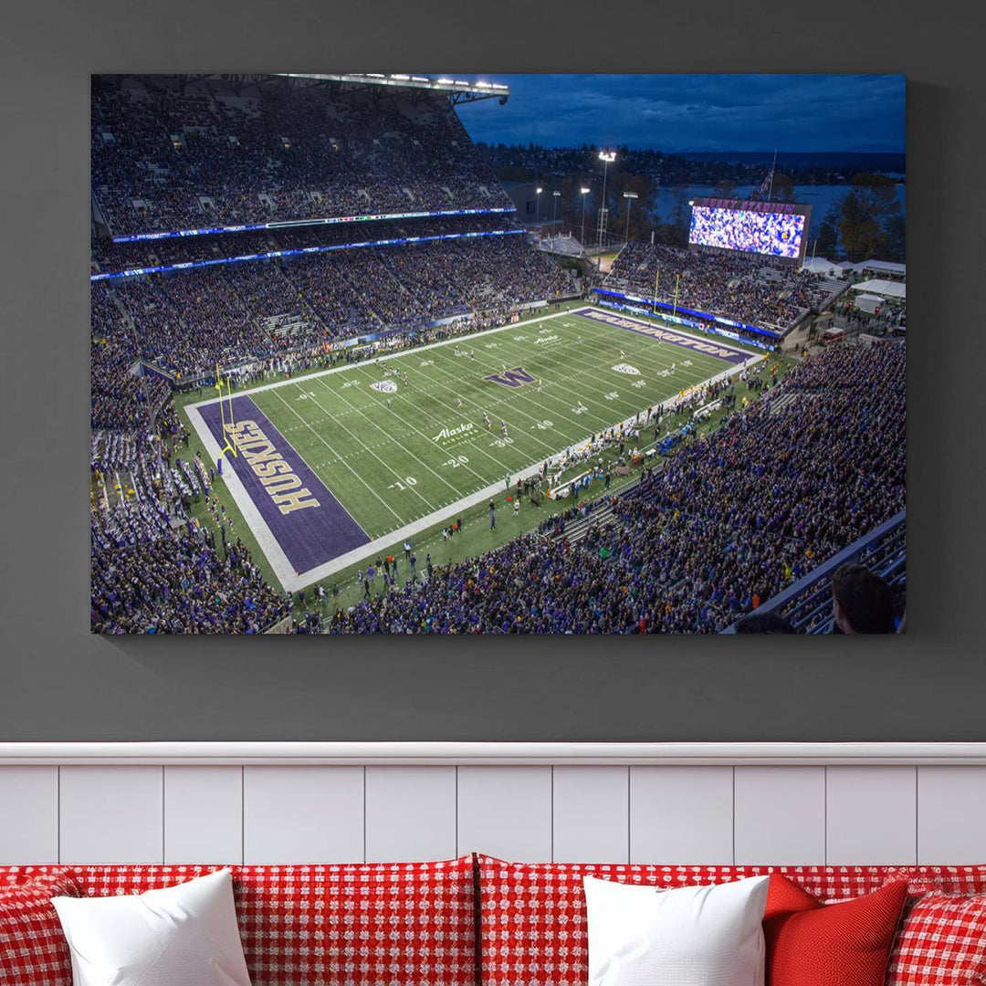 The University of Washington Huskies Football Team Print: Seattle Husky Stadium Wall Art Canvas captures a dusk stadium view.