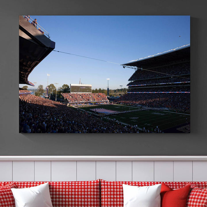 The University of Washington Huskies wall art print depicts Husky Stadium coming alive with fans as flags flutter.