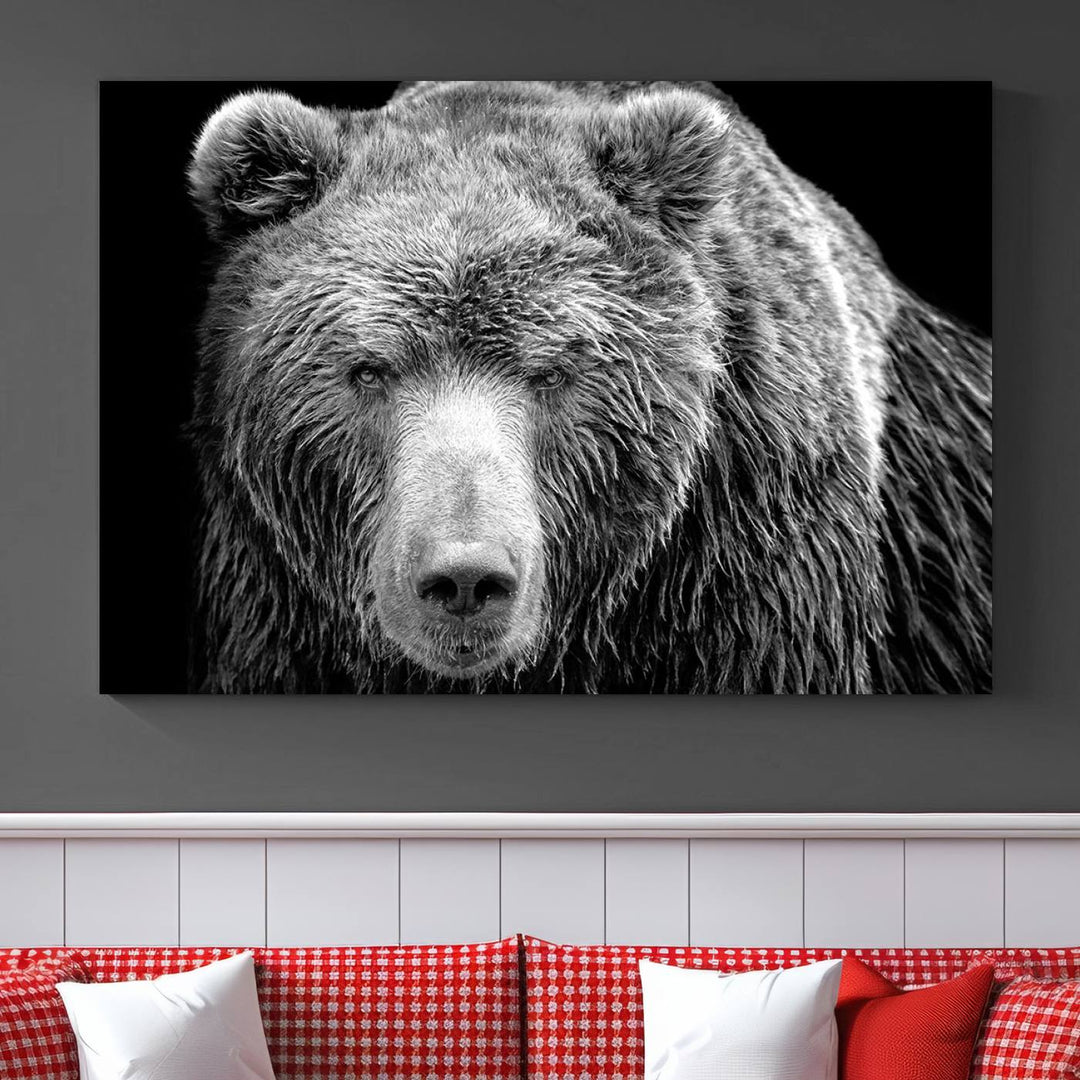 The 399 Grizzly Bear Canvas Print is displayed prominently on a wall in a modern living room.