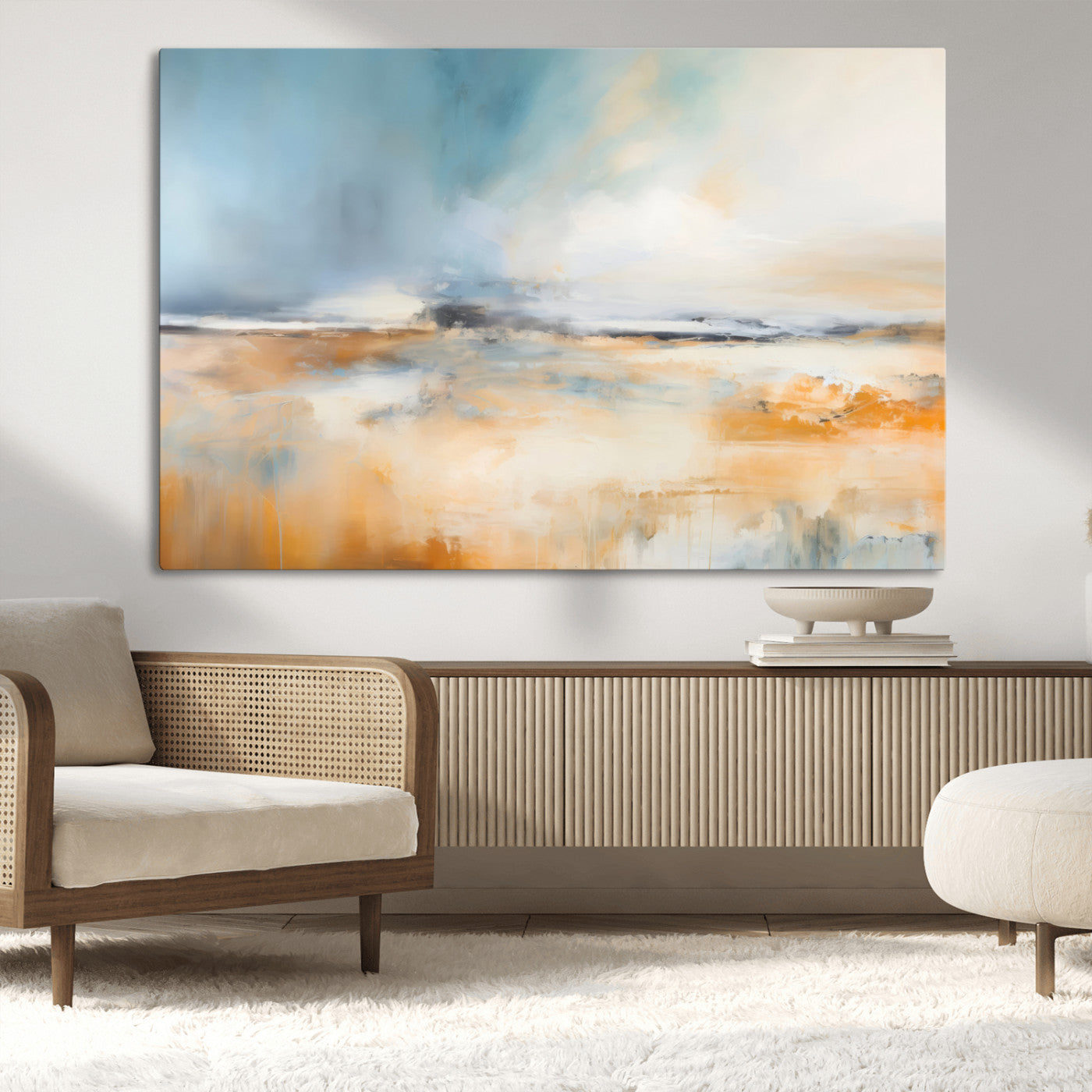 -Abstract Landscape Wall Art Canvas Print - Warm Tones of Orange and Blue, Modern Framed Art for Home