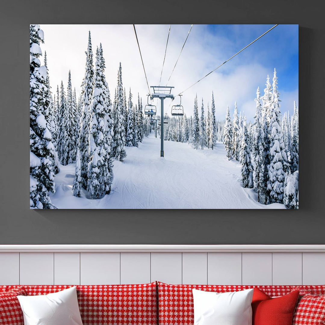 Winter Ski Lift Landscape Wall Art | Snowy Mountain Adventure | Framed and Ready to Hang | Perfect for Cabin Wall Art, Farmhouse Decor