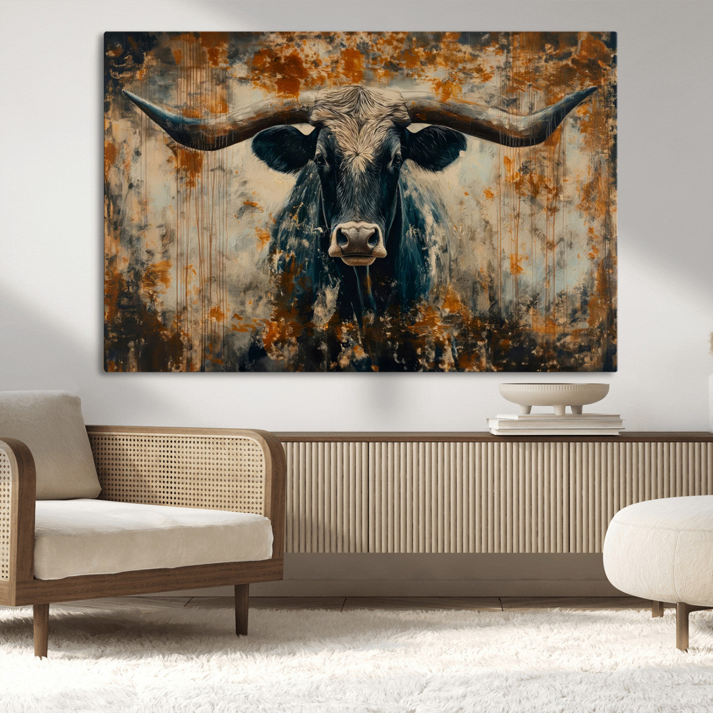 MGV-CV-36X24 - Abstract Longhorn Bull Wall Art | Rustic Western Wall Decor | Framed and Ready to Hang | Ideal for