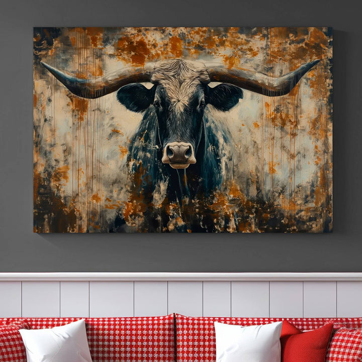 Abstract Longhorn Bull Wall Art | Rustic Western Wall Decor | Framed and Ready to Hang | Ideal for Farmhouse, Lodge, and Barn Decor