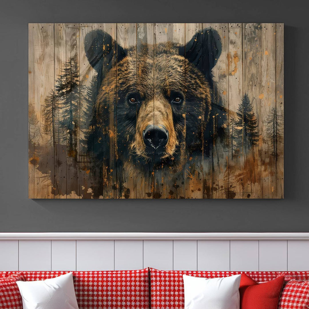 The Abstract 399 Bear Wall Art, featuring a rustic cabin theme with forest design, is framed and ready to hang. It's ideal for lodge, cabin, and barn decor and perfectly complements the nature lover's aesthetic.