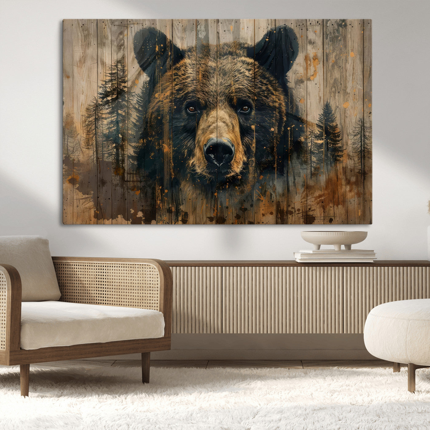 MGV-CV-36X24 - Abstract 399 Bear Wall Art | Rustic Cabin Wall Decor with Forest Design | Framed and Ready to Hang |