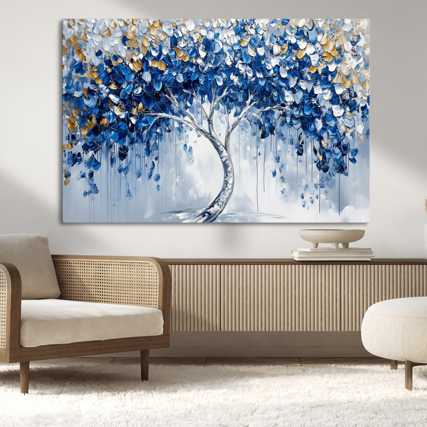 MGV-CV-36X24 - Blue and Gold Abstract Tree Wall Art Canvas Print | Modern Tree of Life Painting | Framed Canvas