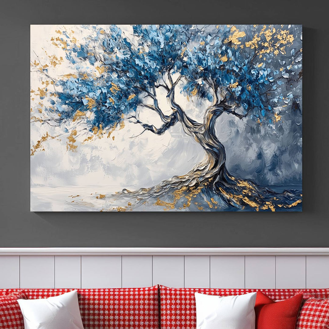 Elegant Abstract Tree Canvas Wall Art | Tree of Life Painting | Textured Art in Blue and Gold | Framed & Ready to Hang for Modern Living Room Decor