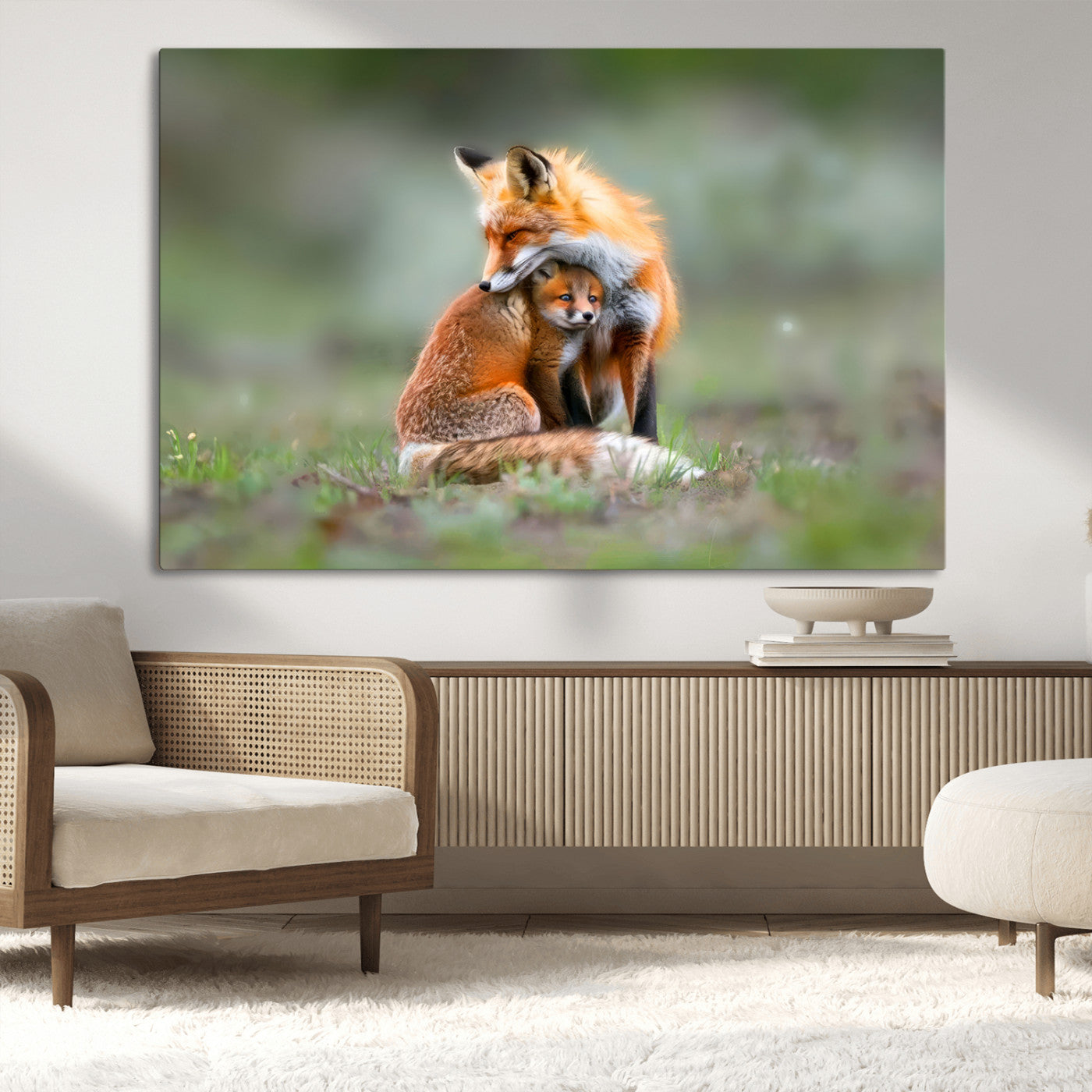 MGV-CV-36X24 - Heartwarming Fox and Baby Cub Wall Art | Ready to Hang Canvas Print of Foxes in Nature | Perfect for