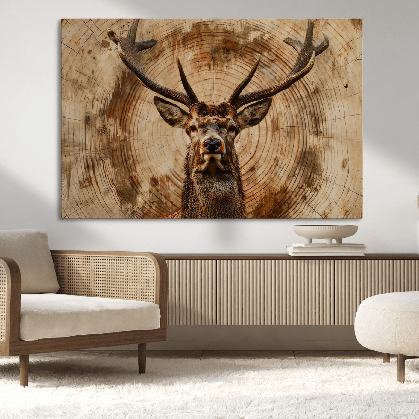 MGV-CV-36X24 - Wood Abstract Deer Wall Art | Rustic Wildlife Canvas Print | Ready to Hang Stag Head Triptych for