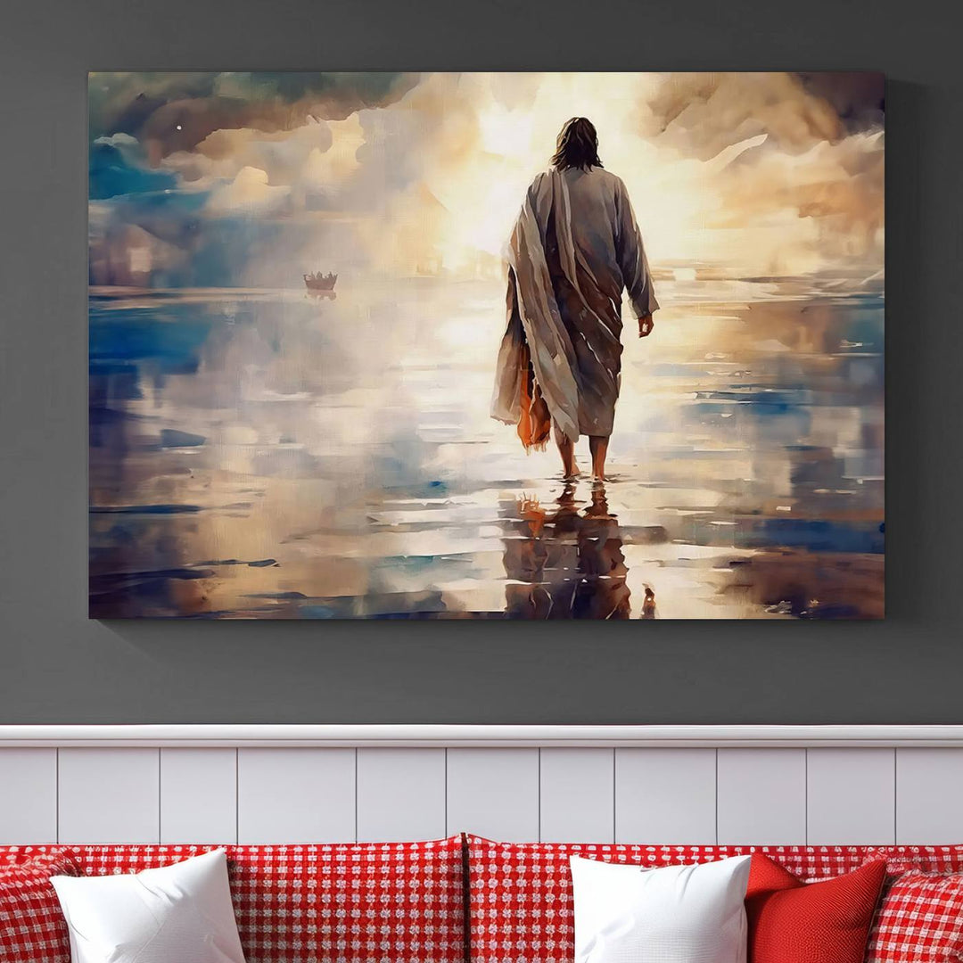 Jesus Walking on Water Wall Art | Ready to Hang Spiritual Triptych Canvas Print | Inspirational Christian Decor for Home or Church