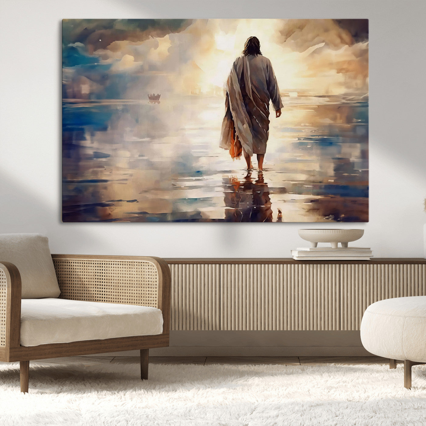 MGV-CV-36X24 - Jesus Walking on Water Wall Art | Ready to Hang Spiritual Triptych Canvas Print | Inspirational