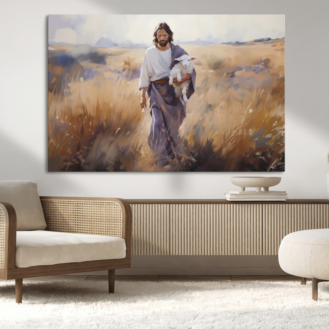 MGV-CV-36X24 - Jesus the Good Shepherd Wall Art Canvas Print - Lost Lamb Print for Prayer Room Decor
