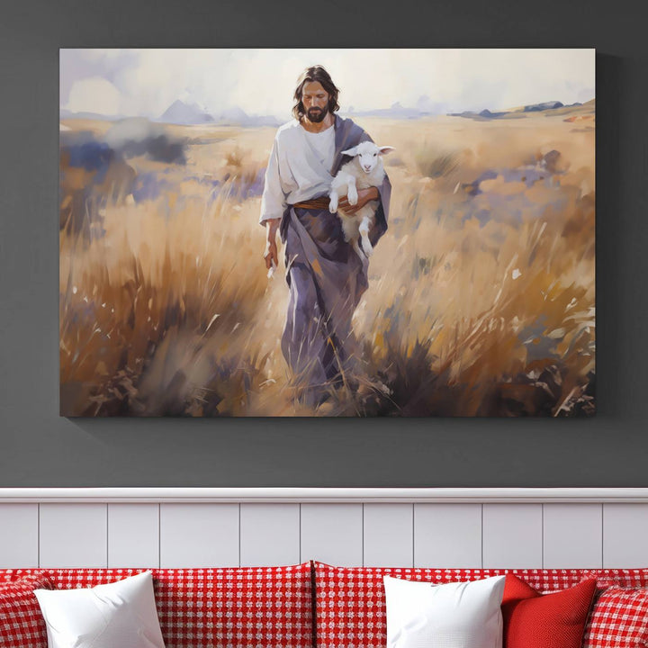 Jesus the Good Shepherd Wall Art Canvas Print - Lost Lamb  Print for Prayer Room Decor