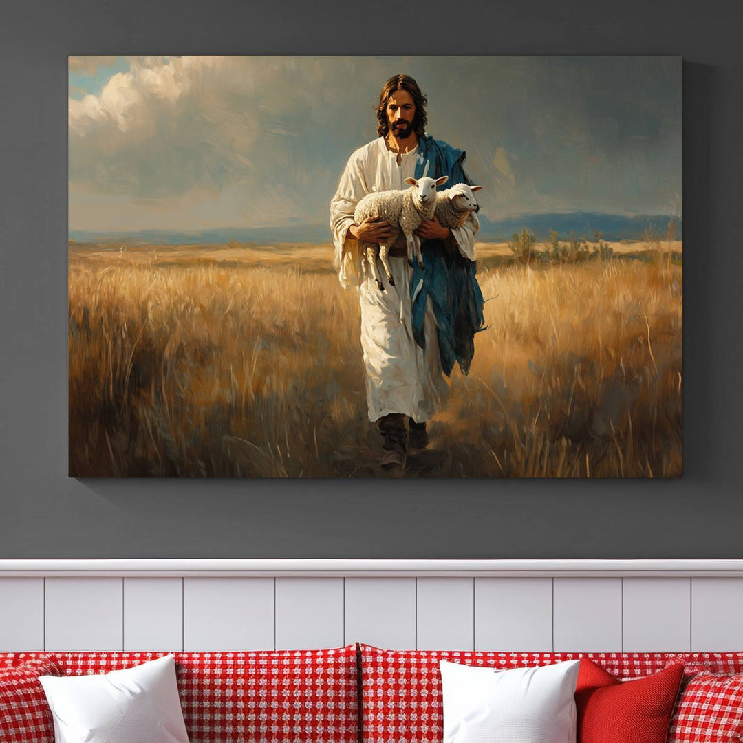 Jesus Shepherd Wall Art | Ready to Hang Triptych Canvas of Jesus Holding a Lamb in a Field | Inspirational Christian Decor for Home