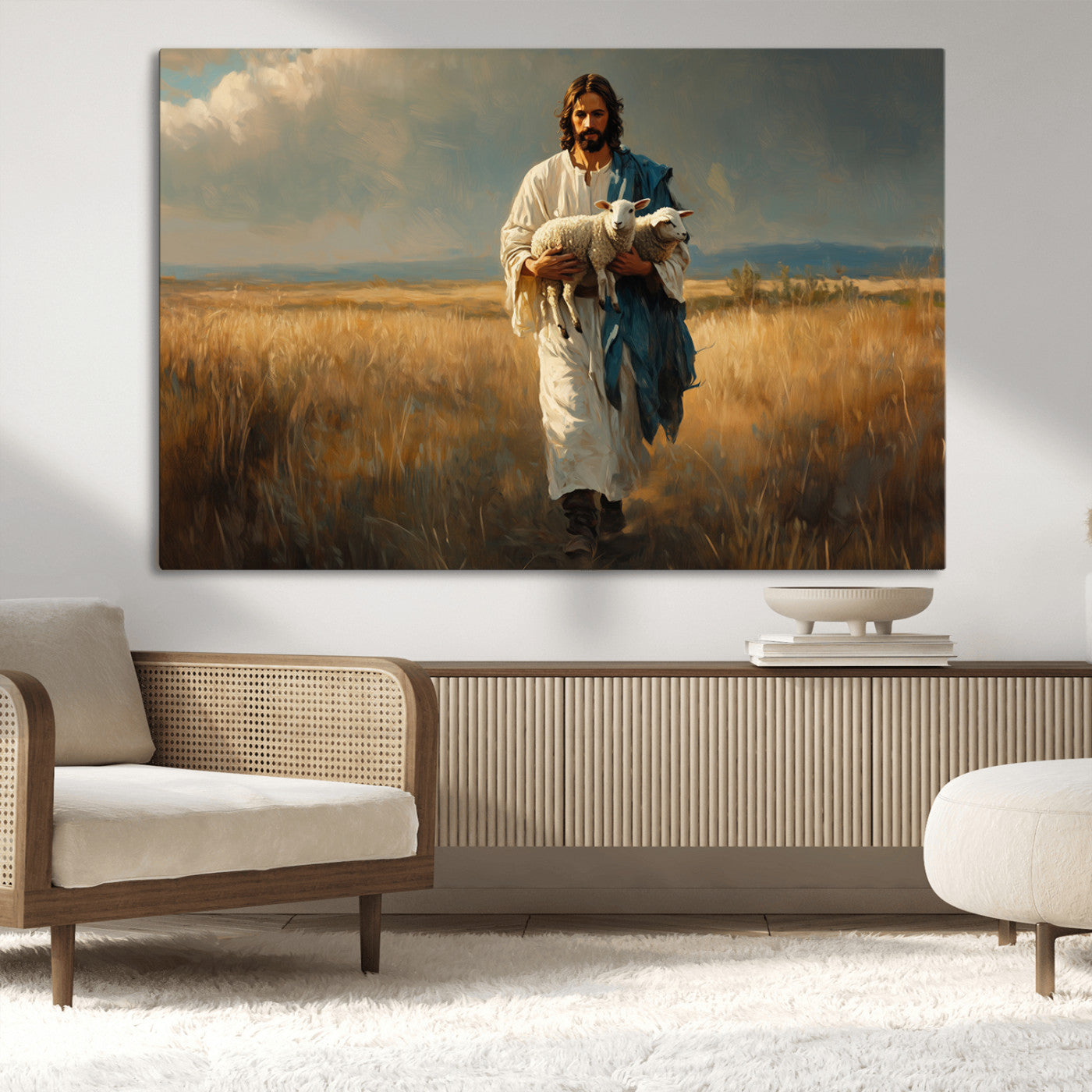 MGV-CV-36X24 - Jesus Shepherd Wall Art | Ready to Hang Triptych Canvas of Jesus Holding a Lamb in a Field |