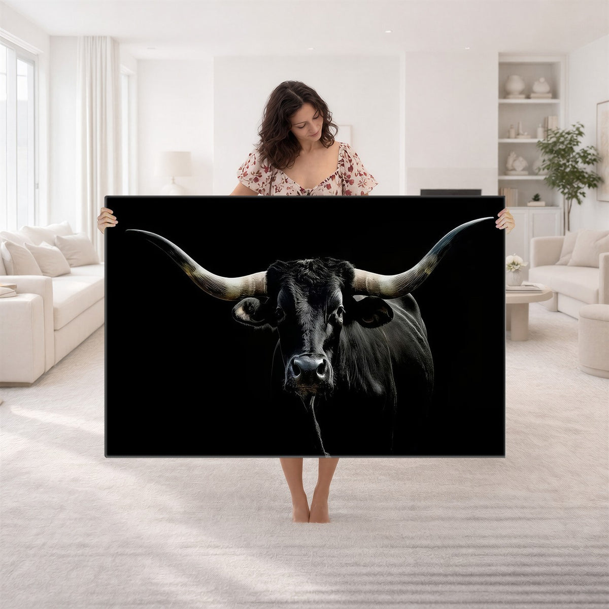 20679-MGV-CV-24X16 - Texas Black Longhorn Bull Wall Art Canvas Print, Western Cattle Rustic Decor