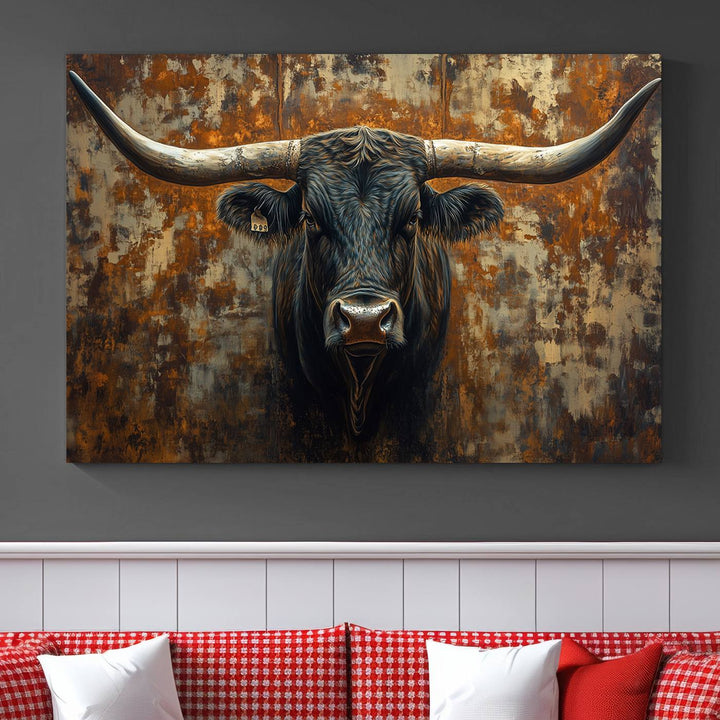 Abstract Longhorn Texas Bull Wall Art | Rustic Farmhouse Canvas Print | Ready to Hang Barn Decor for Farmhouse and Cabin Style