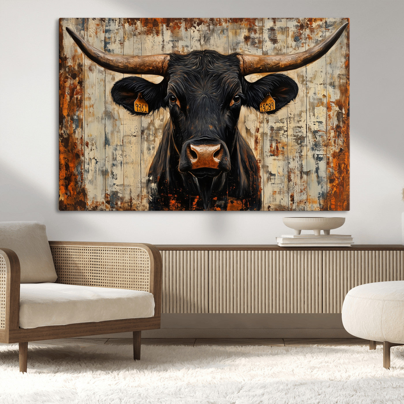 MGV-CV-36X24 - Rustic Texas Artwork Wall Art Canvas Print - Abstract Cow Longhorn Bull Wall Art Canvas Print