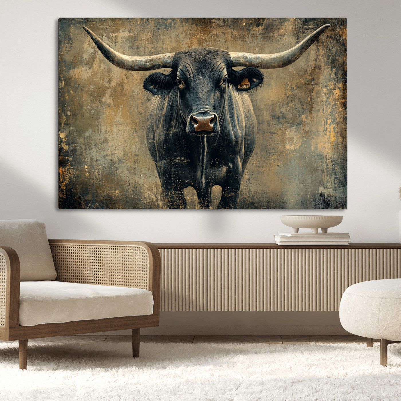 MGV-CV-36X24 - Longhorn Bull Wall Art Canvas Print, Framed Rustic Cow Art Picture Print, Texas Longhorn Perfect Western Decor Artwork