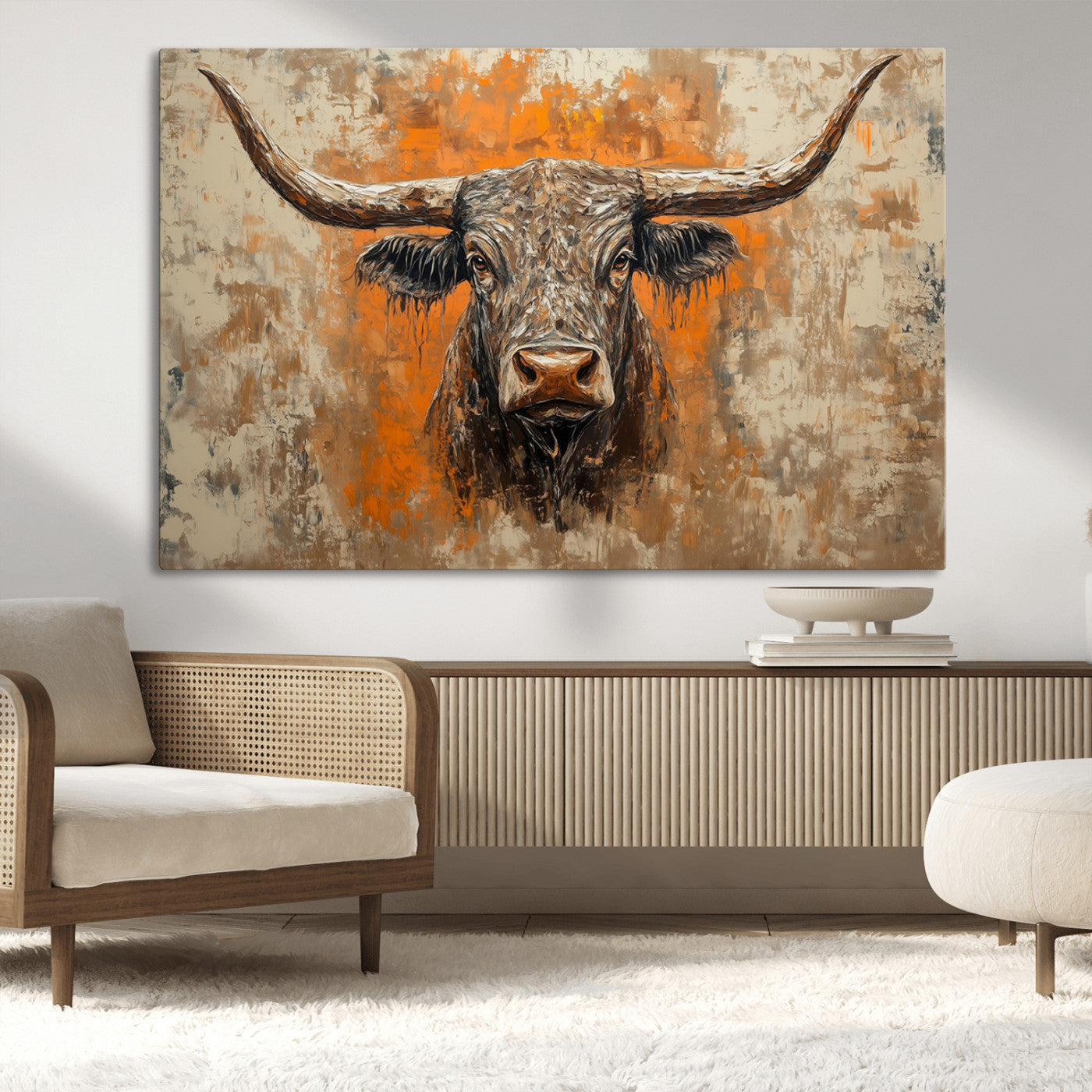 MGV-CV-36X24 - Abstract Cow Longhorn Bull Wall Art Canvas Print - Rustic Texas Western Cattle Artwork