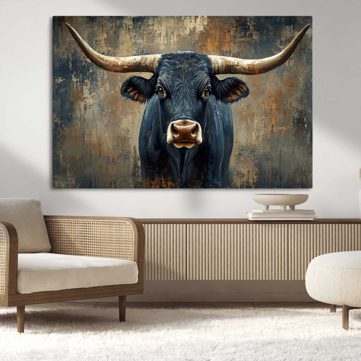 MGV-CV-36X24 - Texas Western Wall Art Canvas Print - Abstract Cow Longhorn Bull Wall Art Canvas Print - Rustic Cow