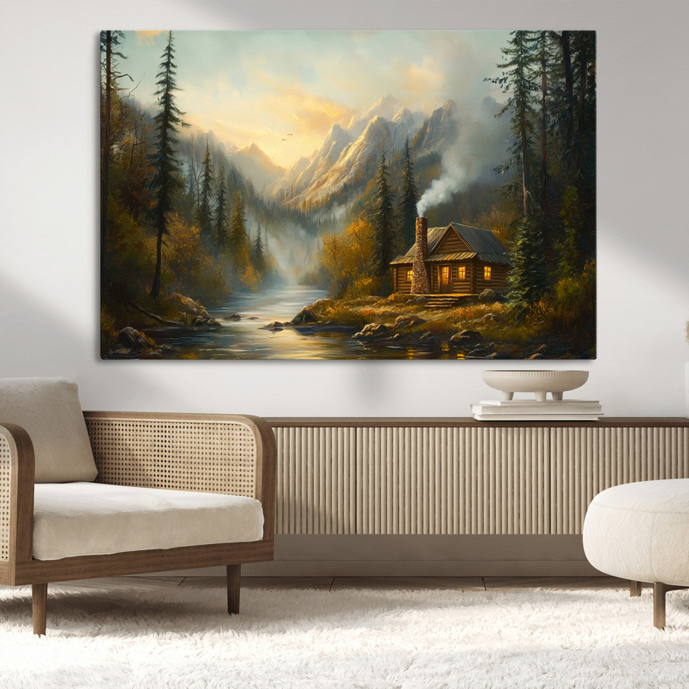 MGV-CV-36X24 - Wood Cabin Retreat Mountain at Sunset Wall Art Print - Serene Forest and River Landscape Wall Art