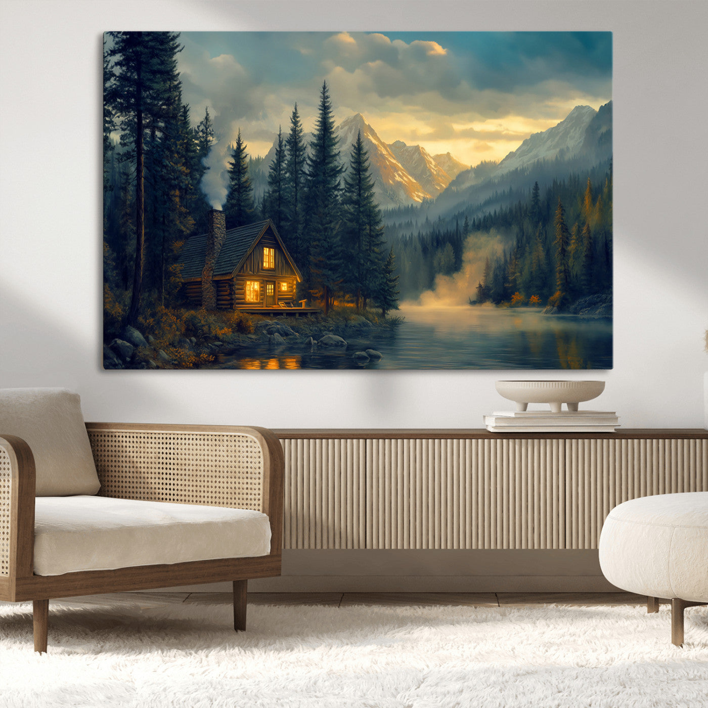 MGV-CV-36X24 - Mountain Cabin by the Lake at Sunset Wall Art - Serene Nature Canvas Print for Living Room Decor,