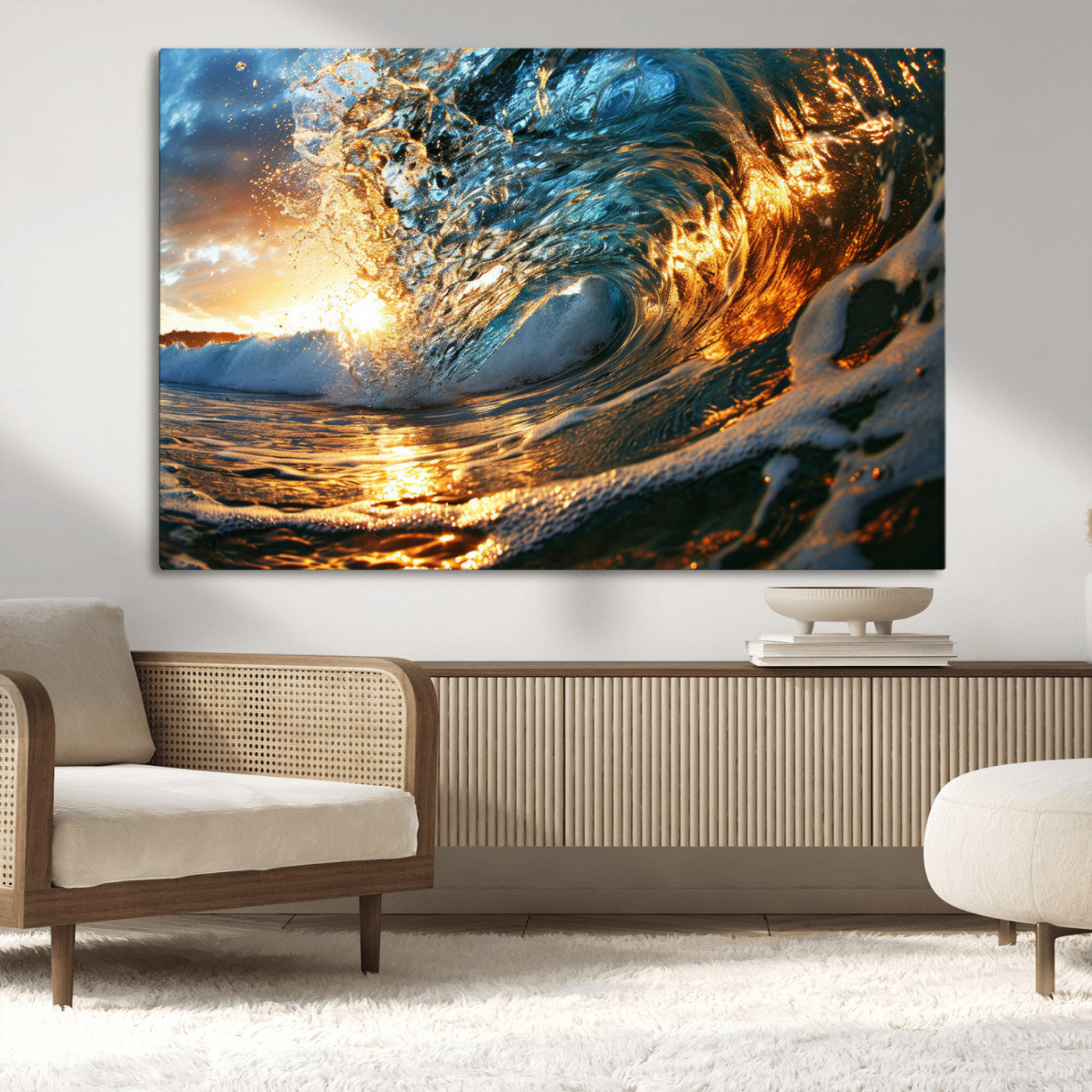 MGV-CV-36X24 - Ocean Wave at Sunset Canvas Wall Art – Vibrant Coastal Beach Waves Print, Large Nautical Decor,