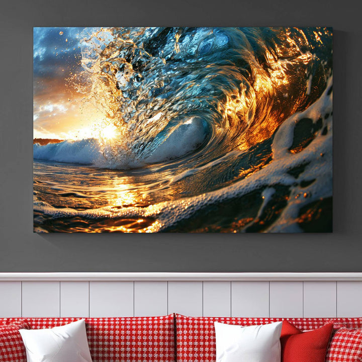 Ocean Wave at Sunset Wall Art | Ready to Hang Triptych Canvas Print | Coastal Wall Art for Living Room | Nautical and Beach House Decor